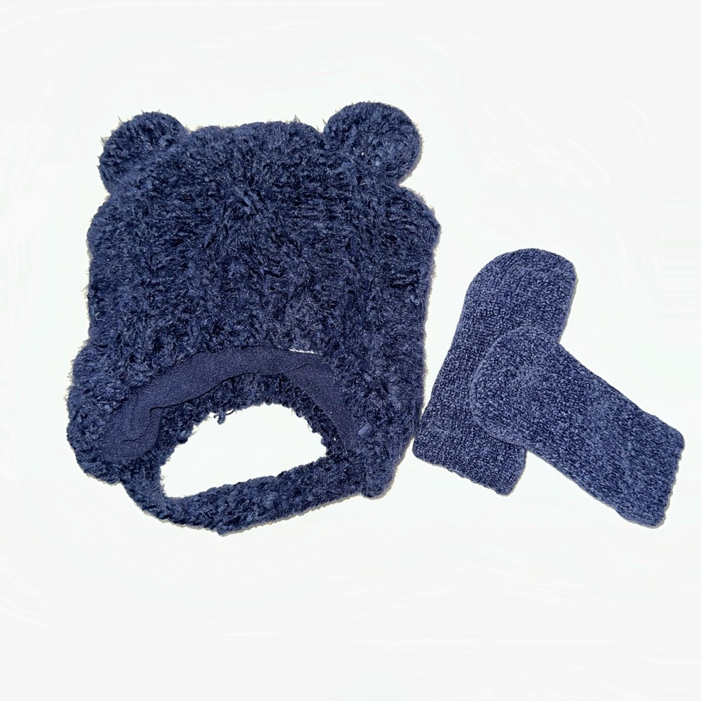 The Children's Place Blue Fuzzy Bear Hat and Mittens Set